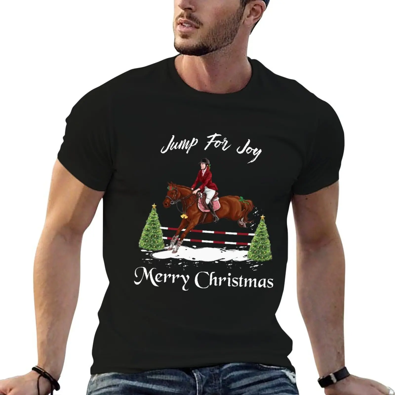 Feliz Navidad, equestre inglés saltando caballo pura sangre, saltar para alegría, camiseta navideña, camiseta de lujo para hombre