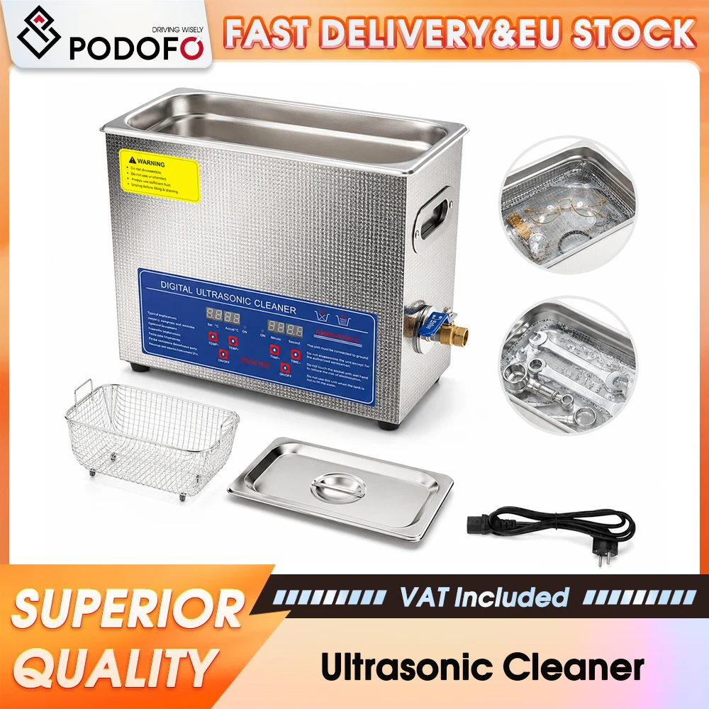 Podofo 6L digitaler beheizter Ultraschallreiniger, 180 W, Edelstahltank mit Korb und Ablassventil, Mehrzweck-Schallreinigungsmaschine für Autoteile, Schmuck, Labor, Hardware, Entfettung