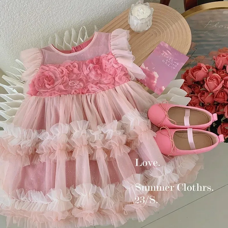 Korean Style New Summer Kids Girl Dress O-neck Cute Chiffon Yarn Pink Fashionable Cake Layered Princess Dresses K0038