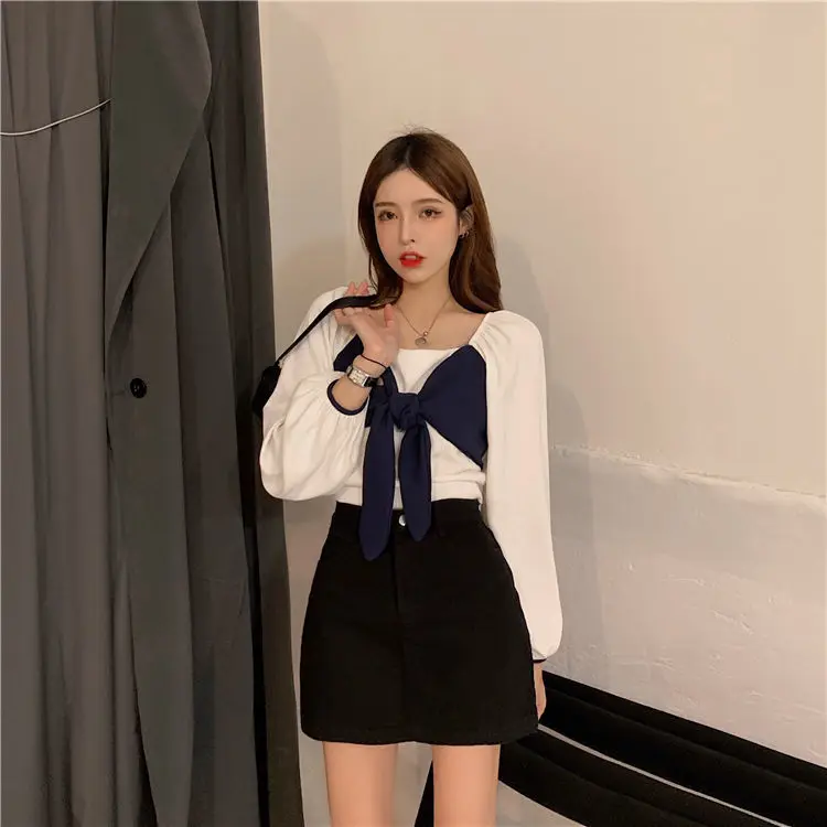 Autumn Contrasting Bow Tie Strap Square Collar Lantern Sleeve Long Sleeved Women's New Design Sense Top