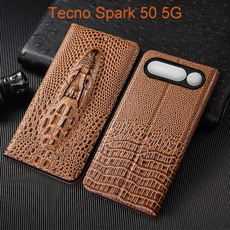 Genuine Leather Flip Case For Tecno Spark 50 4G 5G Phone Cover Card Cases Crocodile Head Handmade