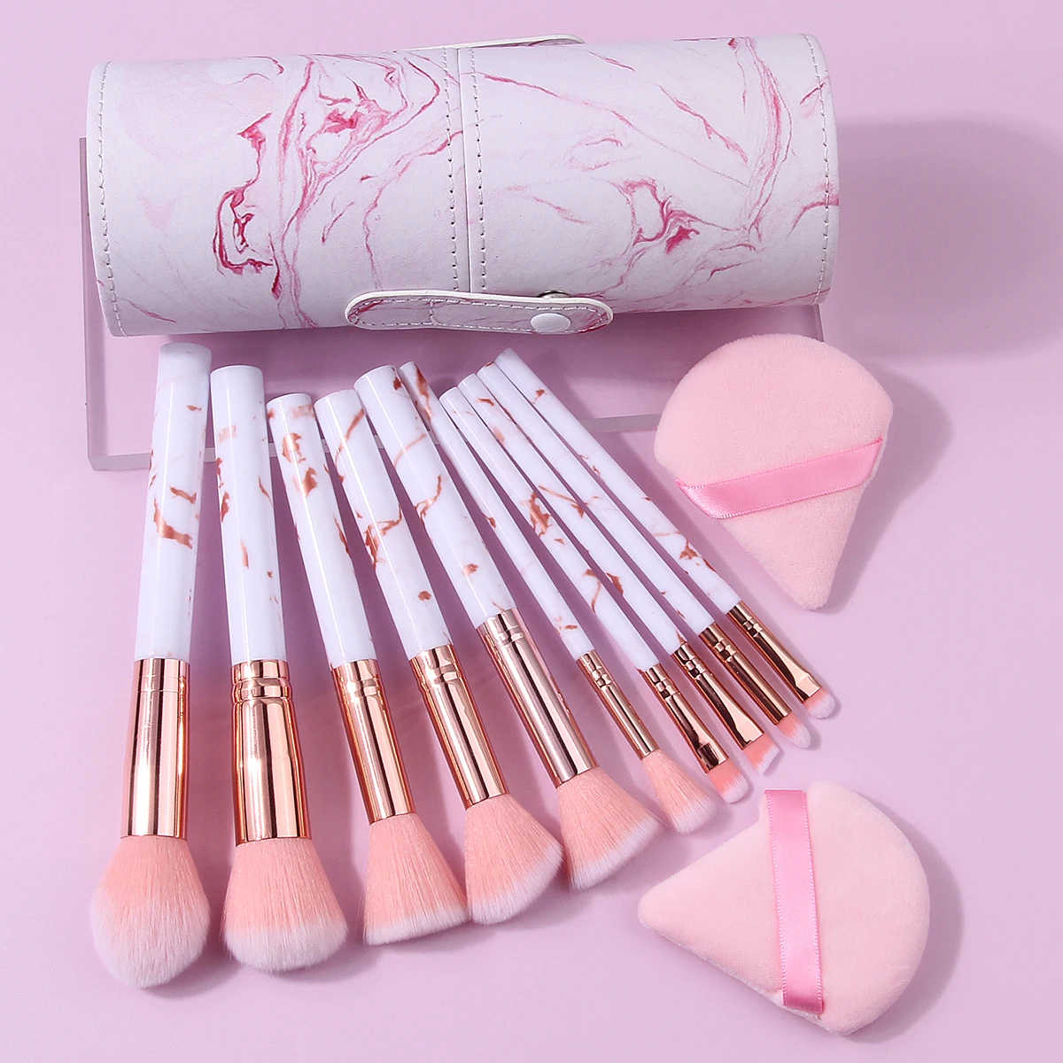13PCS 핑크 메이크업 브러쉬 세트 - 대리석 무늬 브러쉬 10개, 삼각형 파우더 퍼프 2개, PU 가죽 보관통 포함