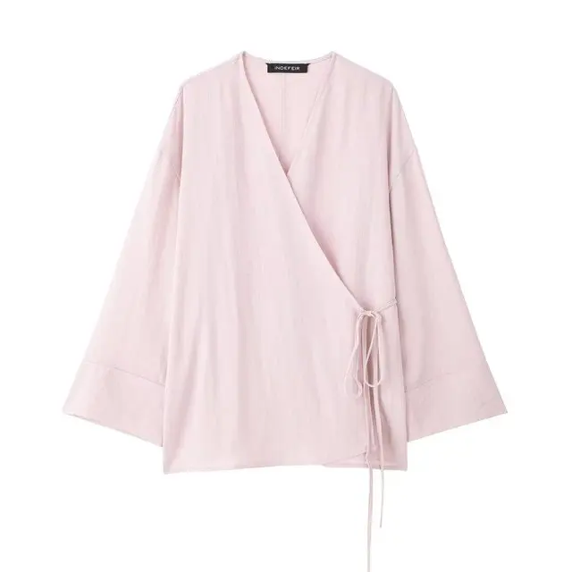 Lente En Herfst Losse Shirts Nieuwe Dames Getextureerde Kimono Stijl V-Hals Tuniek Multicolor Effen Kleur Eenvoudige Casual Jas
