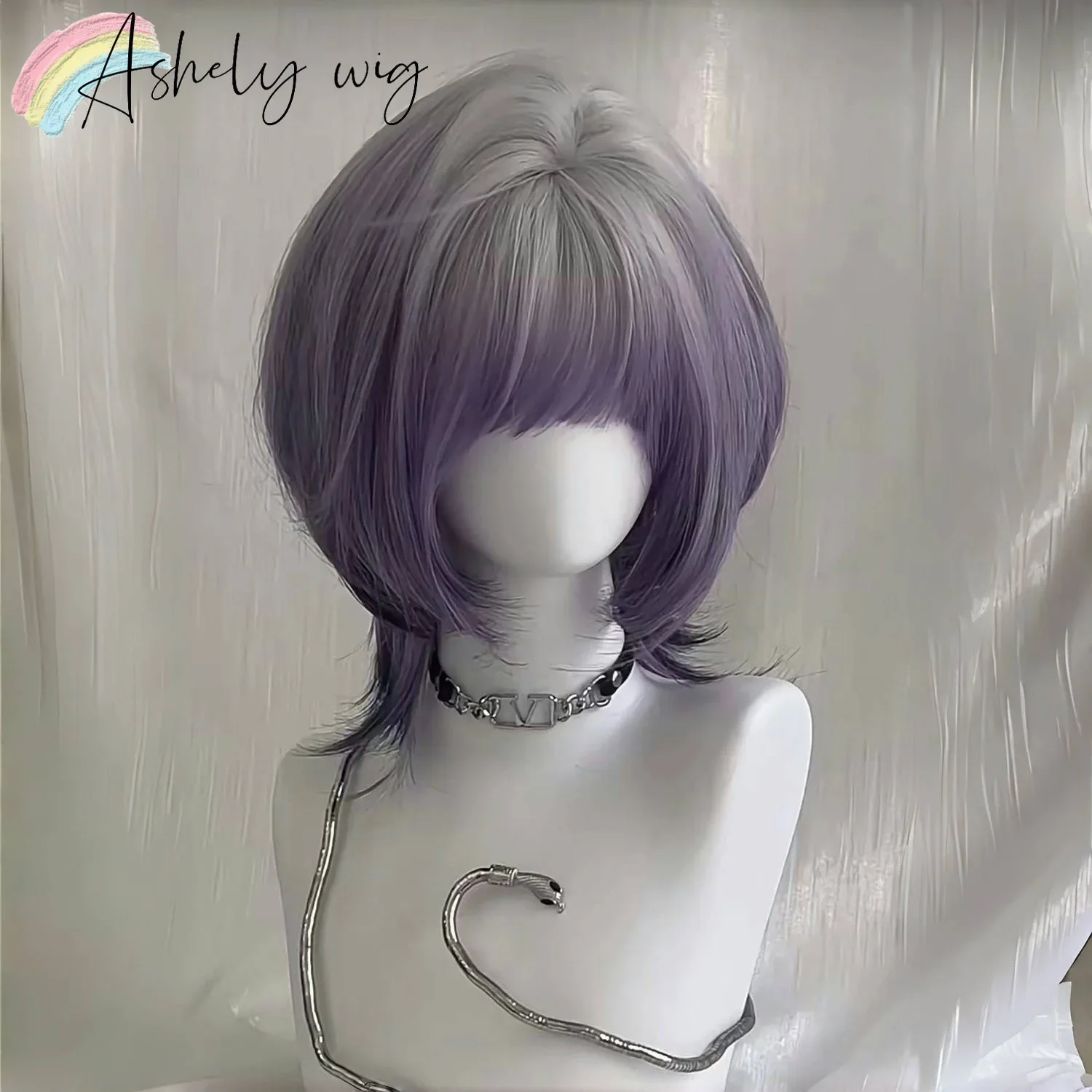 Ombre Purple Wig with Bangs Short Straight Cute Wig for Women Synthetic Wigs Bobo 8inch Headband Wigs 가발