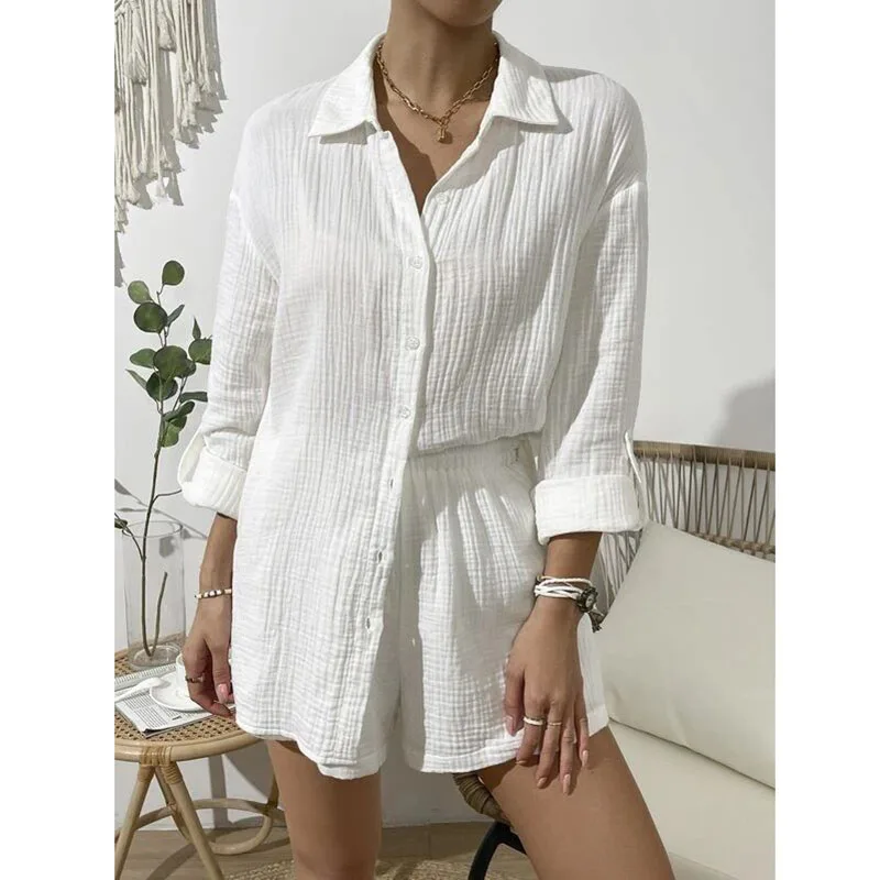 Reine Baumwoll-Musselin-Sets für Damen, zweiteilige Sets, Langarmshirts und lockere Mini-Shorts mit hoher Taille, Ensemble Femme