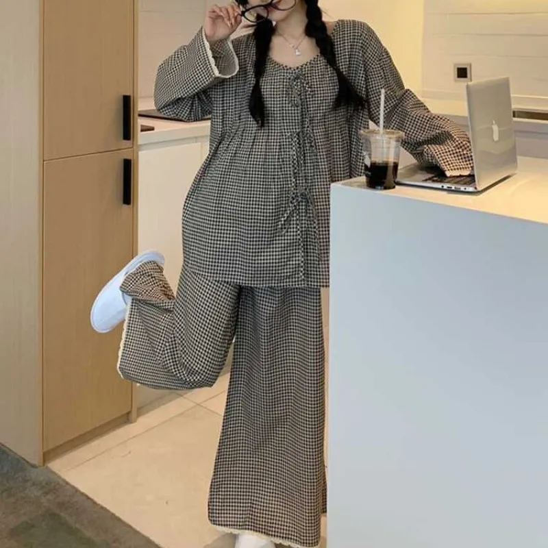 Spring and Autumn Pajamas Women\'s Long-sleeved Pants Loose Sweet Sleepwear Clothes Black Plaid Ladies Casual Homewear Suit Women