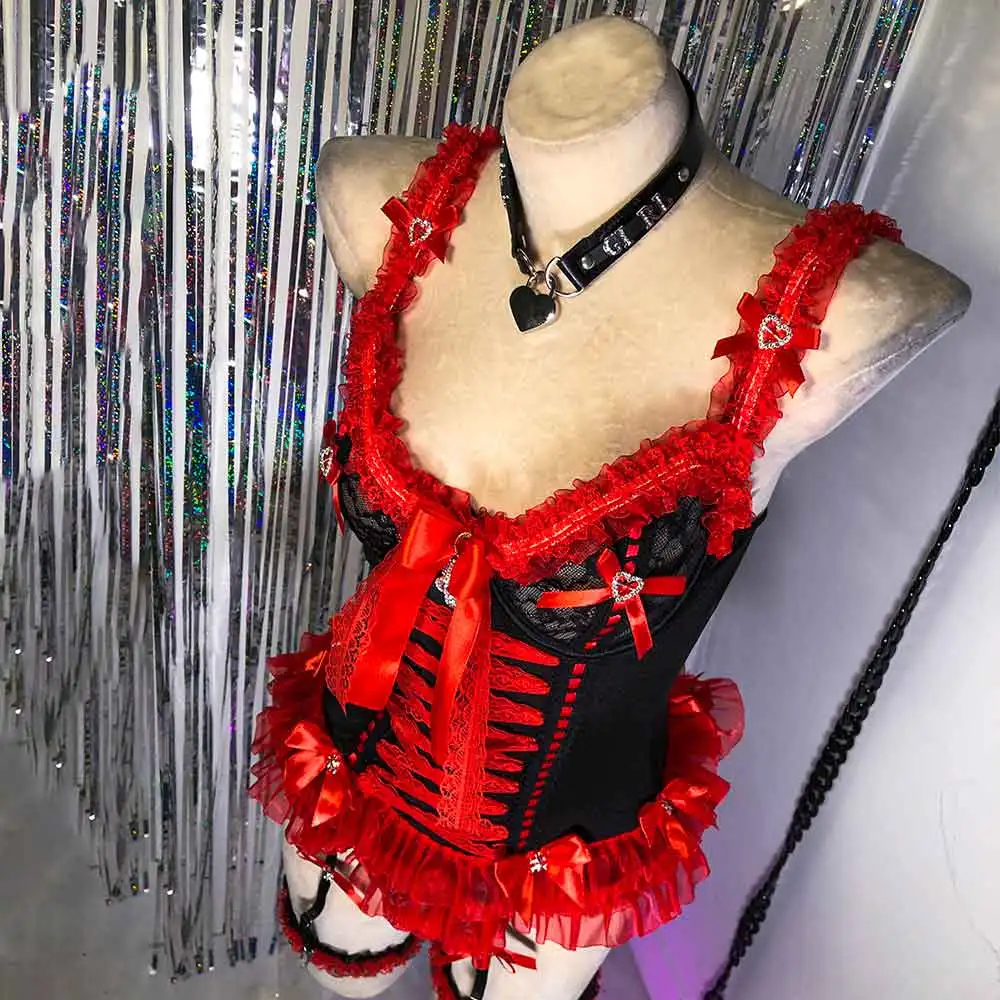 Harajuku Emo fait à la main bricolage Y2K Camisole TOPS robe Punk Rock robe gothique années 90 Grunge Kawaii e-girls Goth fée Eco Bow crâne