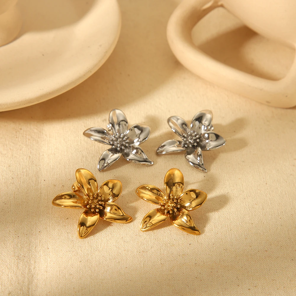 New Products Fashion Statement 18K Gold Plated Casting Flower Earrings Waterproof Stainless Steel Bloomy Petal Flower Earrings