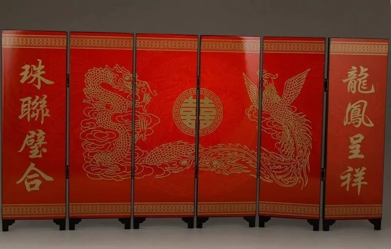 BLESSING CHINESE NICE WEDDING HANDWORK PAINTING DRAGON PHOENIX SCREEN