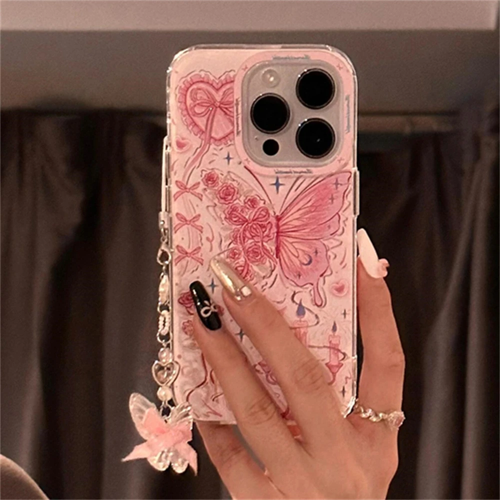 Y2K Cute Butterfly Bowknot Rose Pink Phone Case For iphone 16 15 14 13 12 Pro Max 11 With Chain Cover Shockproof Anti-drop Shell