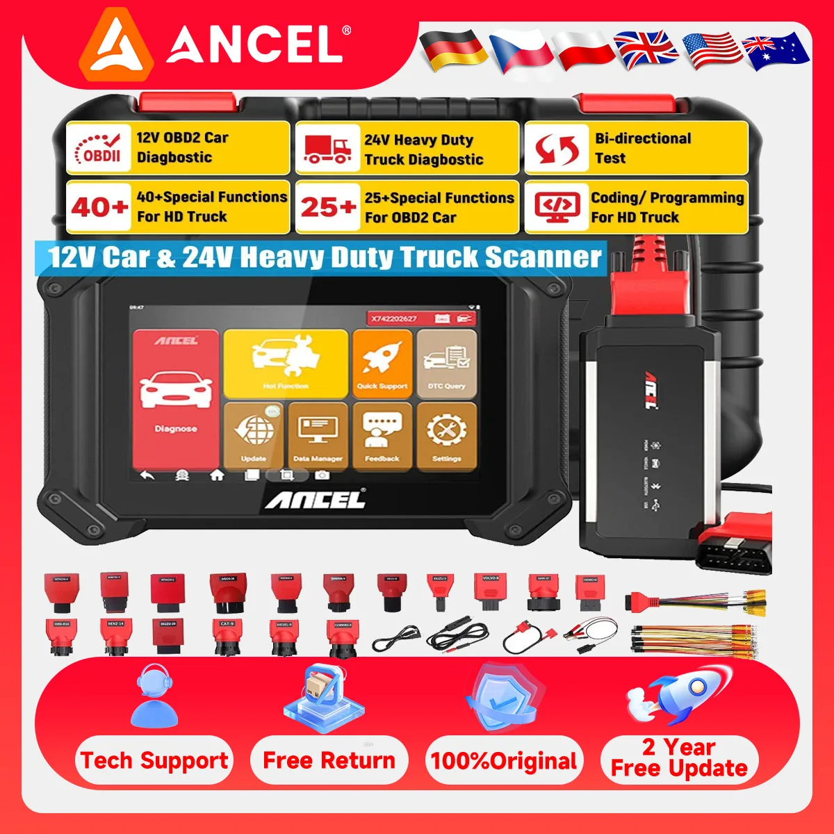 

12 В 24 В Авто Грузовик OBD2 Полный системный сканер Диагностический инструмент ANCEL V6 Pro+ HD 40+ Сброс ECU Кодирование FCA Autoauth OBDII Тестер Инструменты