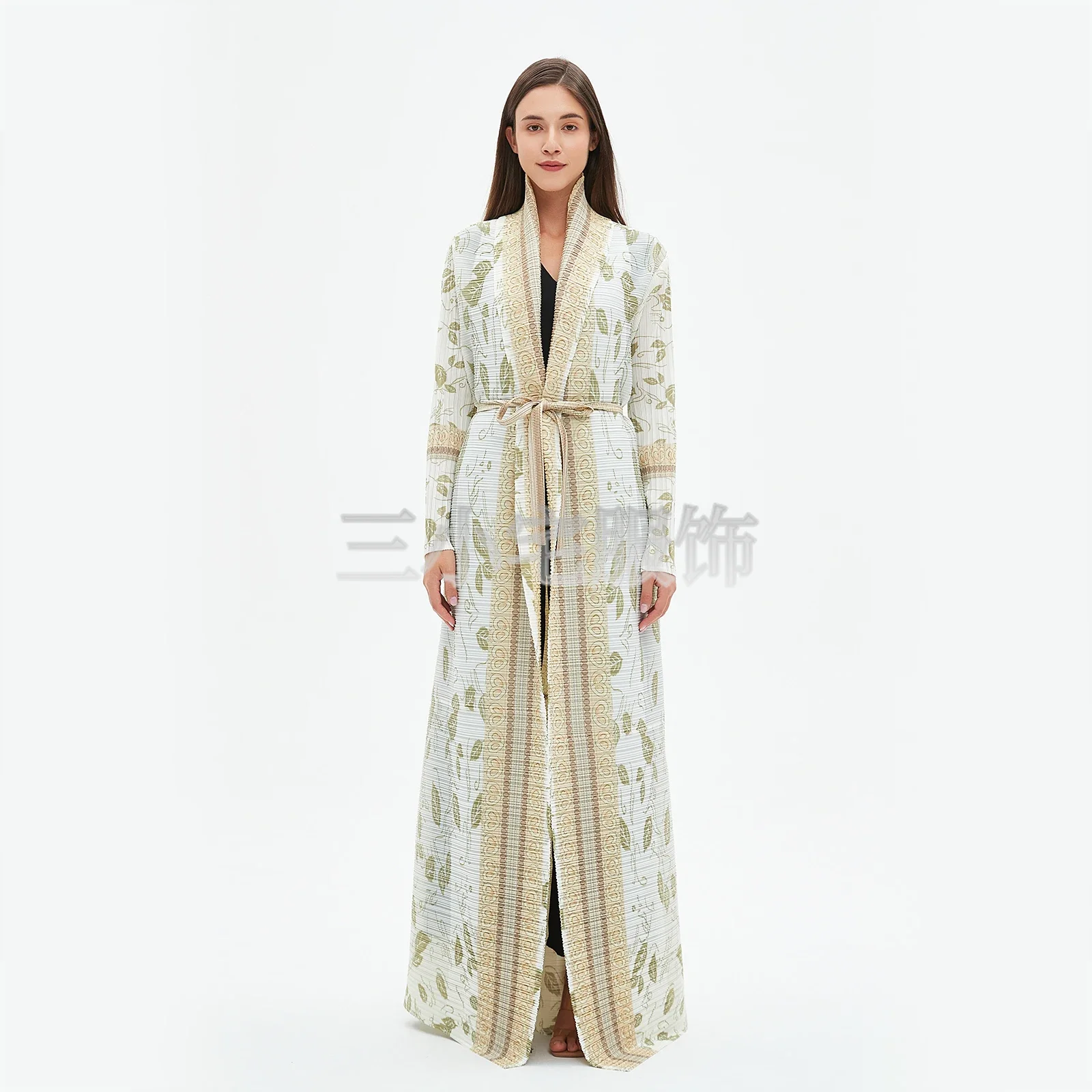 

ALSEY Miyake Long Sleeve Printed Dress Windbreak Women 2024 Winter New Original Designer Abayas Turndown Collar Belted Coats