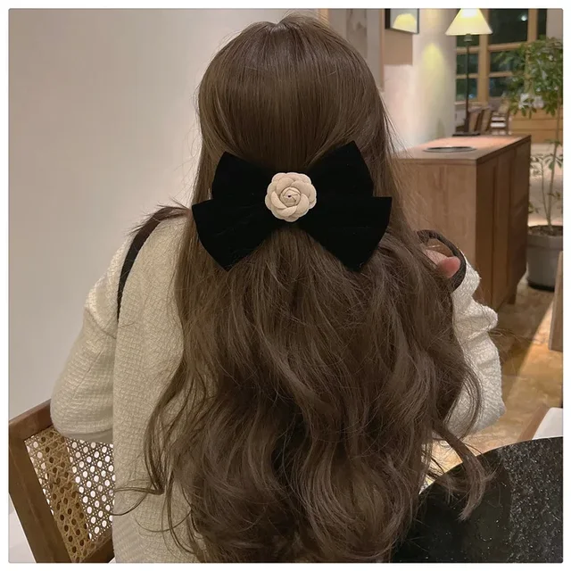Retro czarna aksamitna kokardka spinki do włosów dla kobiet tkanina kamelia kwiatowe spinki do włosów nakrycie głowy Barrette Hairgrip dziewczęce akcesoria do włosów