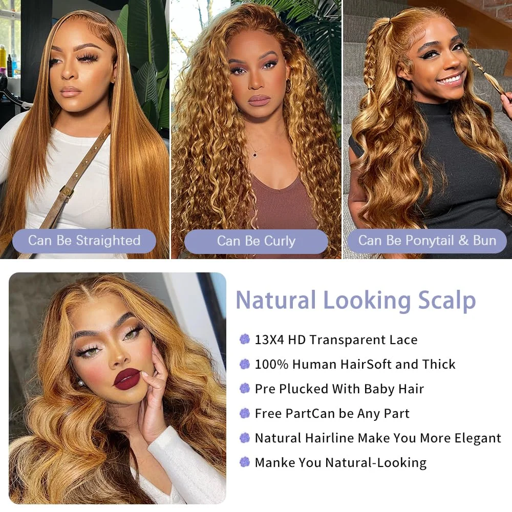 13x4 透明レースフロントウィッグ人毛4/27ハニーブロンドボディウェーブ女性用250%密度オンブレウィッグベビーヘア付き