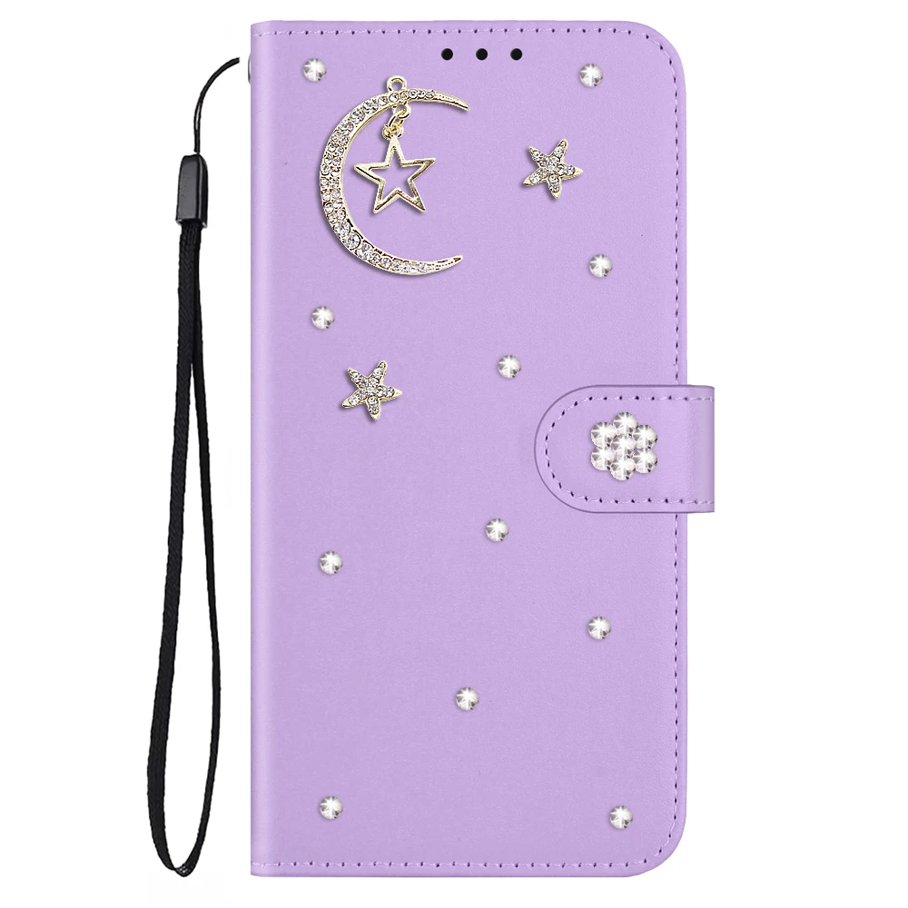 

Wallet Stand Phone Case For iPhone 11 12 13 14 15 16 Pro Max Plus Mini Bling Leather Holder Cover Flip Phone Bag with Moon Star