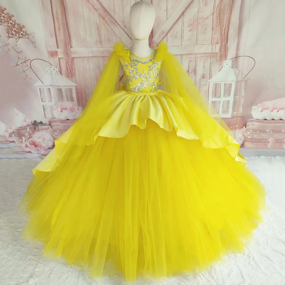 

Customized Yellow Flower Girl Dress Tulle Satin Floral Appliques With Bow For Wedding Birthday Party Prom Pageant Princess Gown