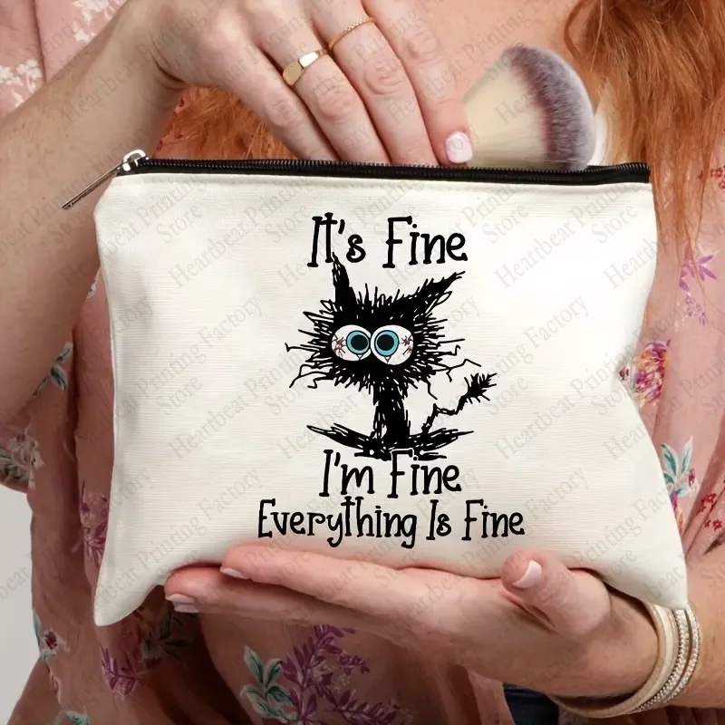 Im Fine Everything Is Fine Pattern Cosmetic Bag Funny Cat Toiletry Bag Portable Travel Storage Bag Perfect Gift for Cat Lovers