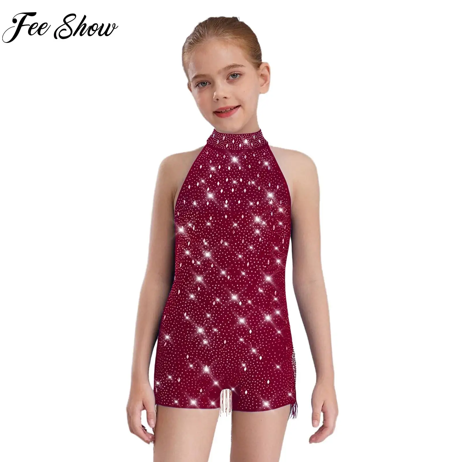 

Teens Girls Ballet Jersey Gymnastics Jazz Latin Dance Fringed Jumpsuit Skating Dancewear Halter Sleeveless Rhinestones Bodysuit