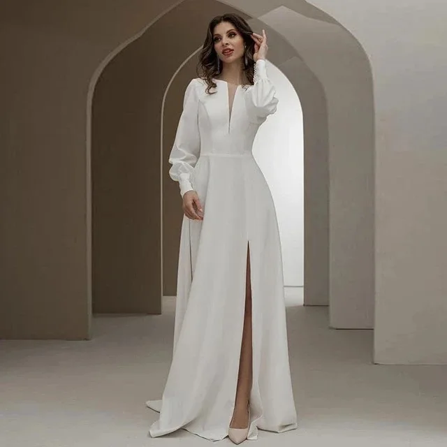 

Elegant High Split Wedding Dresses For Woman Scoop Long Sleeve Bride Gowns with Slit A-Line Open Back robe Bride Reception Dress