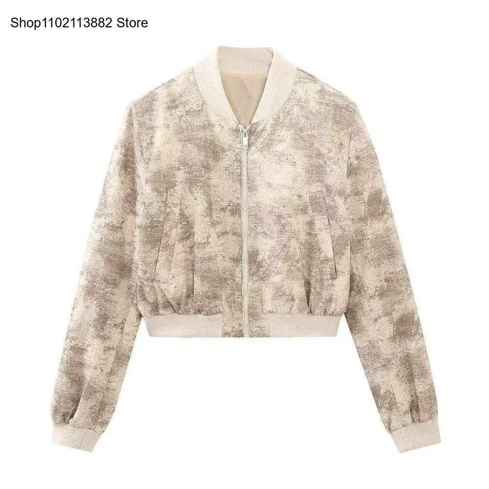 Spring and Autumn Fashion Printed Short Jacket Women\'s Retro Long Sleeve Pocket Coat Casual