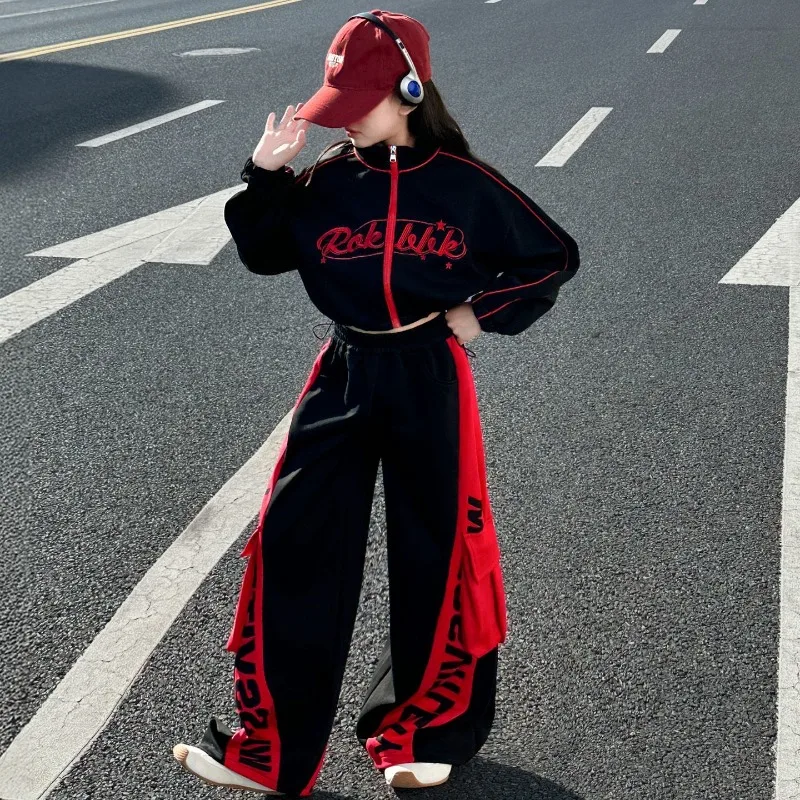 

2025 New Autumn Girls' Fashion Cool Korean Version Splicing Zipper Open Jacket+Loose Casual Set 6-14 Years Old