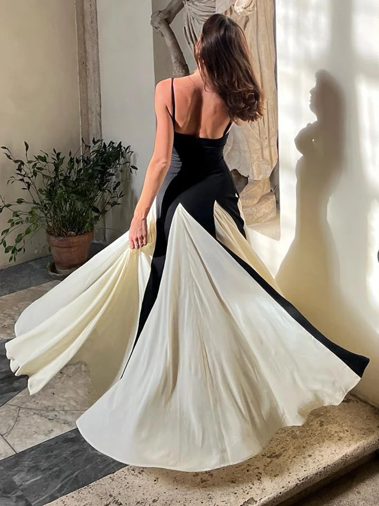 VC Color Block Spaghetti Straps Long Dress For Women Backless A-Line Maxi Celebrity Cocktail Party Evening Gowns Casual Vestidos