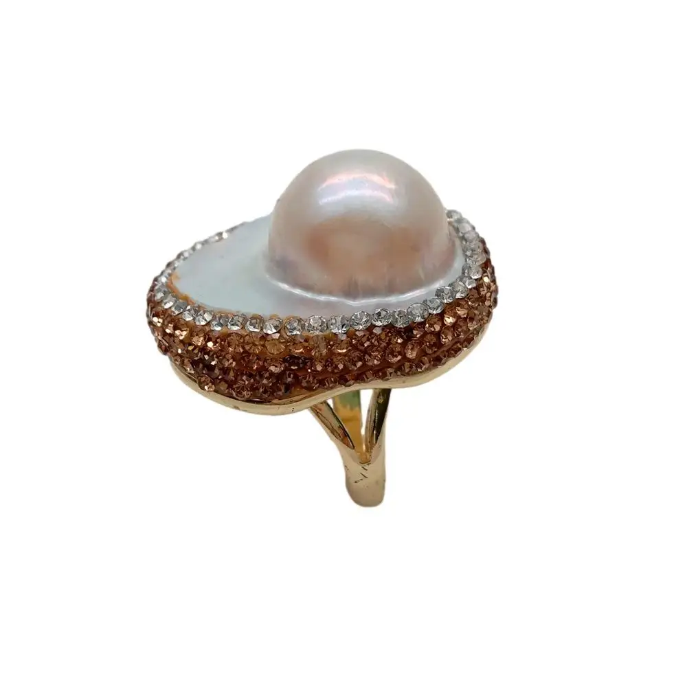 YYGEM Anillo ajustable chapado en oro con forma de pera Natural, perla Mabe blanca, pavé de cristal
