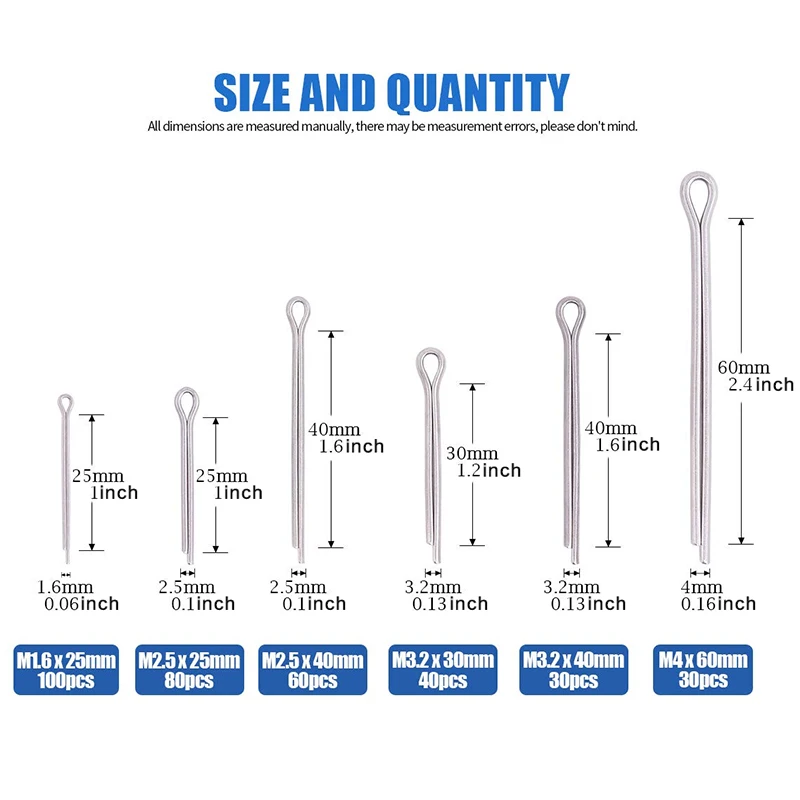 340 PCS 6 Sizes Stainless Steel Cotter Pin Clip Key Fastner Fitting Assortment Kit for Automotive, Mechanics, Car Garage