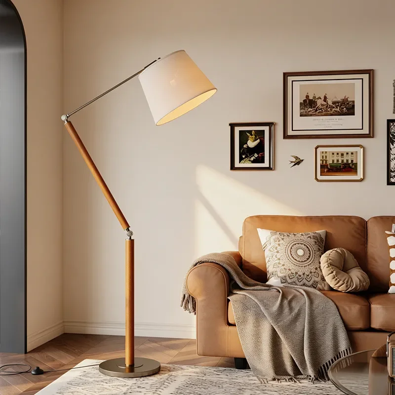 Medieval Style Living Room Rocker Arm Floor Lamp Next To Sofa Solid Wood Atmosphere Decorative Fabric Bedroom Study Reading