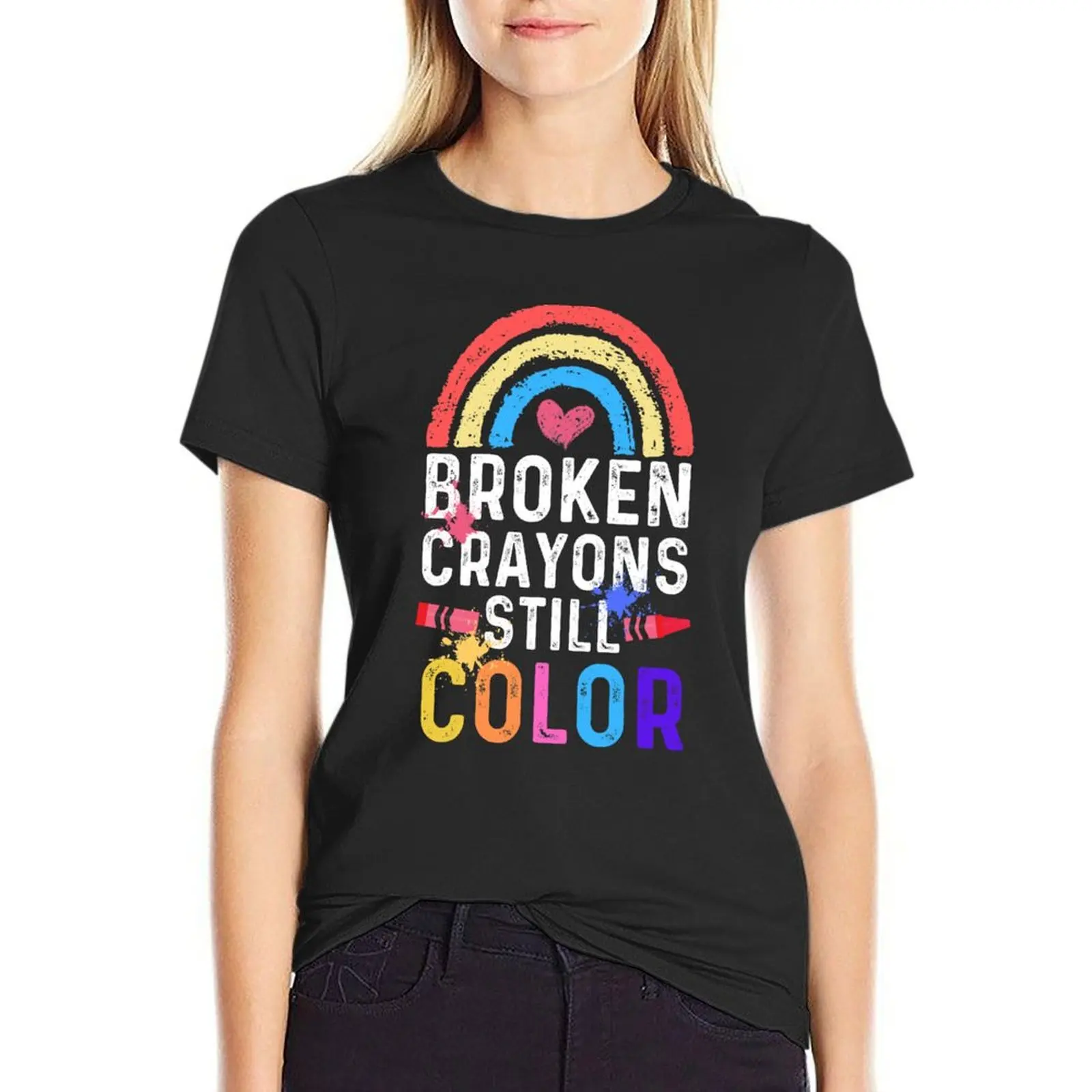 

Broken Crayons Still Color - Mental Health Awareness T-Shirt plus sizes plain summer clothes for Women