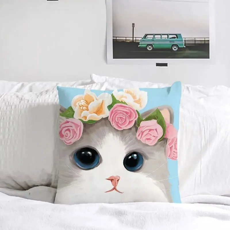 Fashionable Luxury Home Decoration Cartoon Cute Kitten Print Pillow Cover Office Seat Cushion Cover