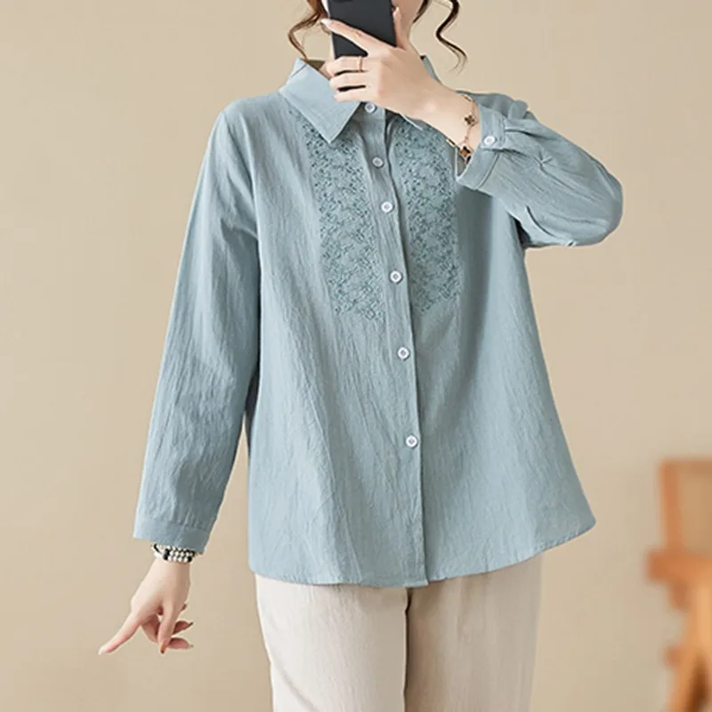 Women Long Sleeve Casual Shirt New Arrival 2024 Spring Vintage Style Solid Color Embroidery Loose Female Basics Tops B3559