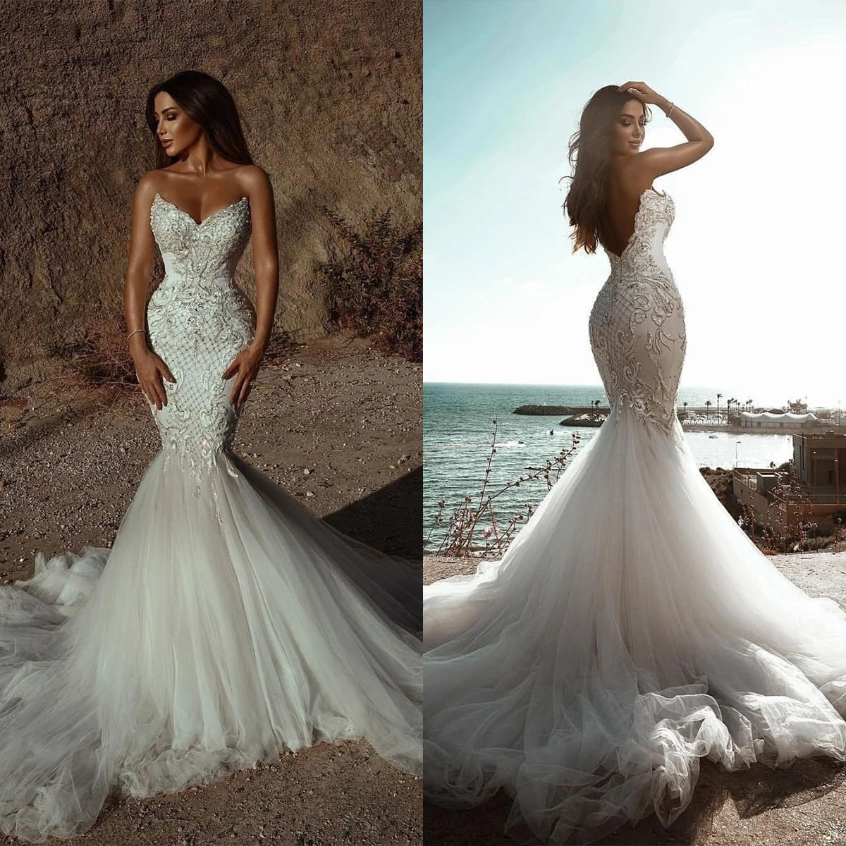 

Classic Mermaid Wedding Dress Sweetheart Sexy Gowns Backless Applique Bridal Gown Brush Train Robes De Mariée Size Customized