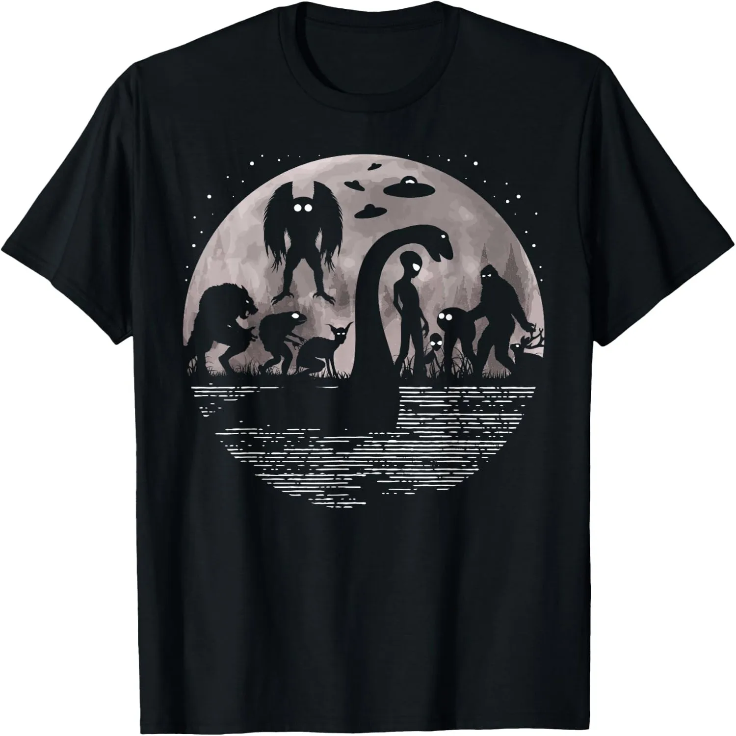 Bigfoot Loch Ness Monster Mothman and Aliens Funny Cryptid Tees T-Shirts Short sleeve shirt, Retro tee
