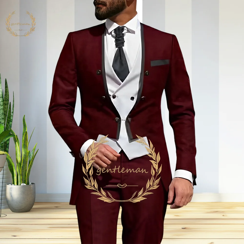 Men's Three-Piece Suit, Double-Breasted, Long Coat, Vest, Trousers, Custom, Wedding, Celebration, Party, Cocktail