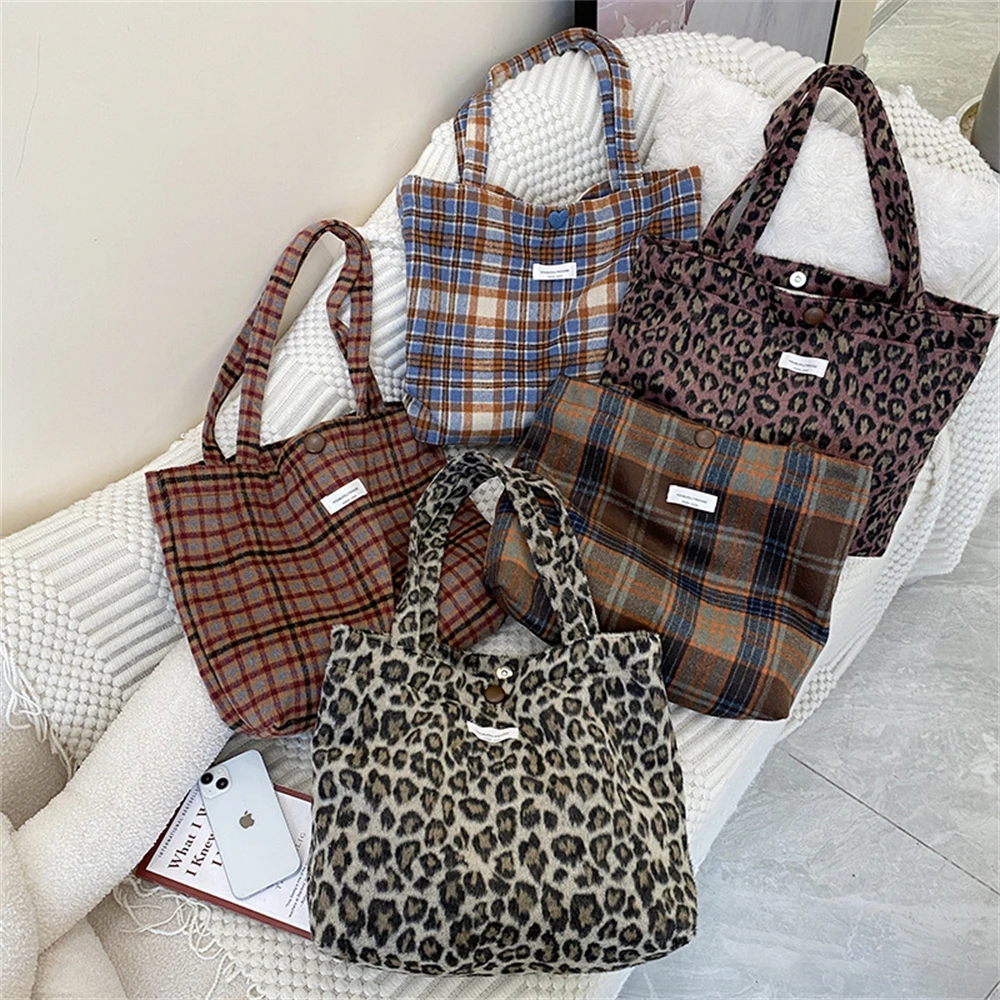 Retro Check Canvas Shopping Bag Women Large Capacity Handbag Plaid Leopard Commuter Shoulder Bags Fashion Casual Cloth Tote Bag