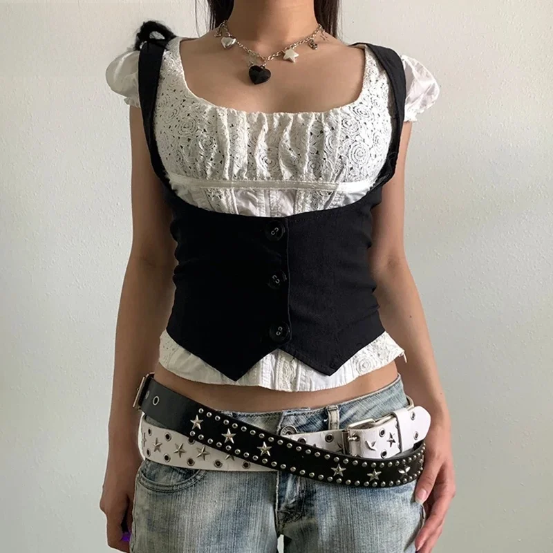 Vintage Y2K Button up Corset Top Women Sleeveless Tank Tops Fashionable Retro Style Three-acetate Fiber 100% Autumn Collection