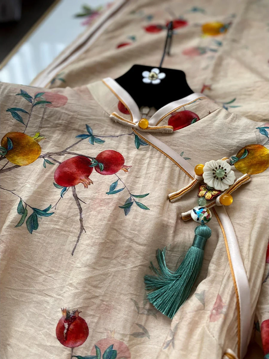 

Retro Sle Mid-Length Young Women's Ele Pomeanate Print High Slit ort Sve Daily Wear Polyester Fiber