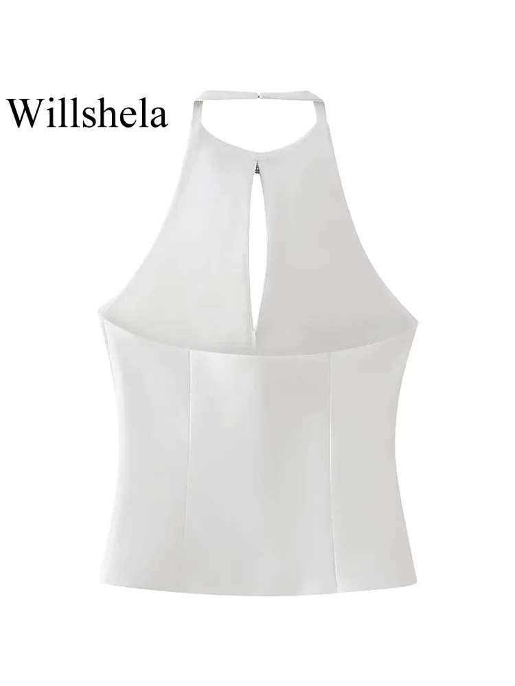 Willshena moda donna con fiocco di diamanti cerniera laterale solida top senza schienale Vintage Halter Neck senza maniche donna Chic Lady Tops