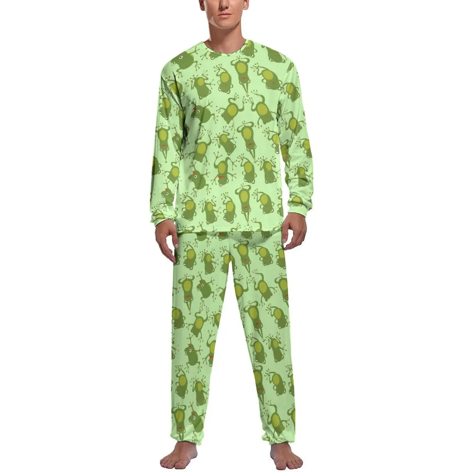 

Green Frog Lovers Pajamas Long-Sleeve Animal Print Two Piece Night Pajama Sets Autumn Men Custom Cute Sleepwear