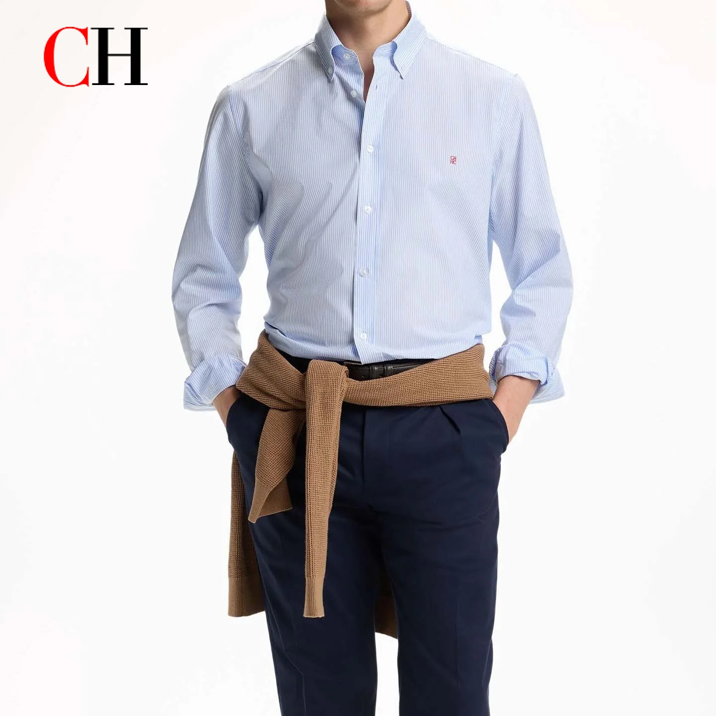 CH Letter Embroidered Solid Color Stripe Long Sleeve Shirt Men Point Collar Regular Fit Luxury Touch Premium Cotton Tops