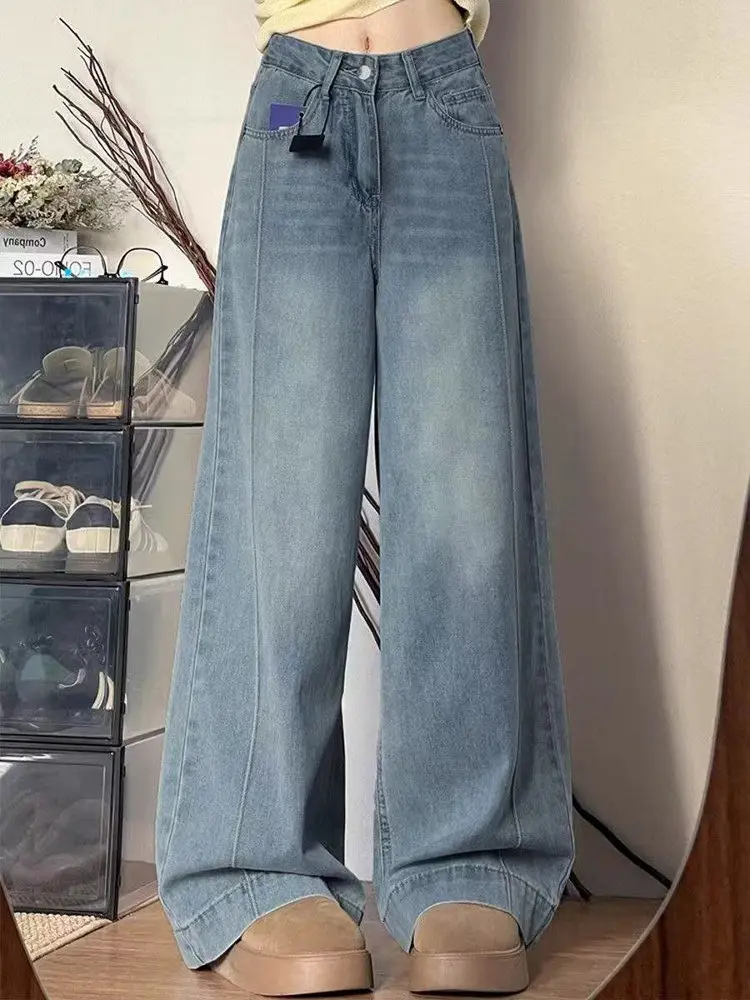 High Waist Wide Leg Retro Washed Denim Pants Women's Loose Fitting Slimming Long Trousers Spring Autumn plus Size Floor Length