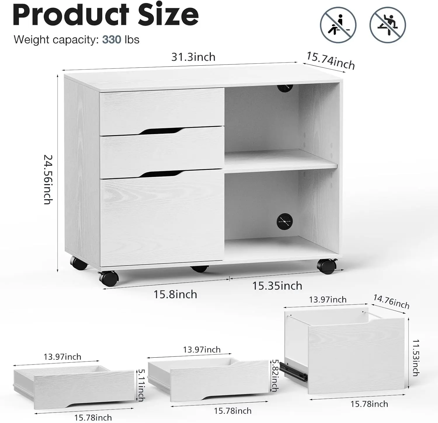 Lateral File Cabinet w/ 3 Drawers, Rolling Wooden Printer Stand Under Desk Storage Organizer w/ 4 Wheels Adjustable Shelf, White