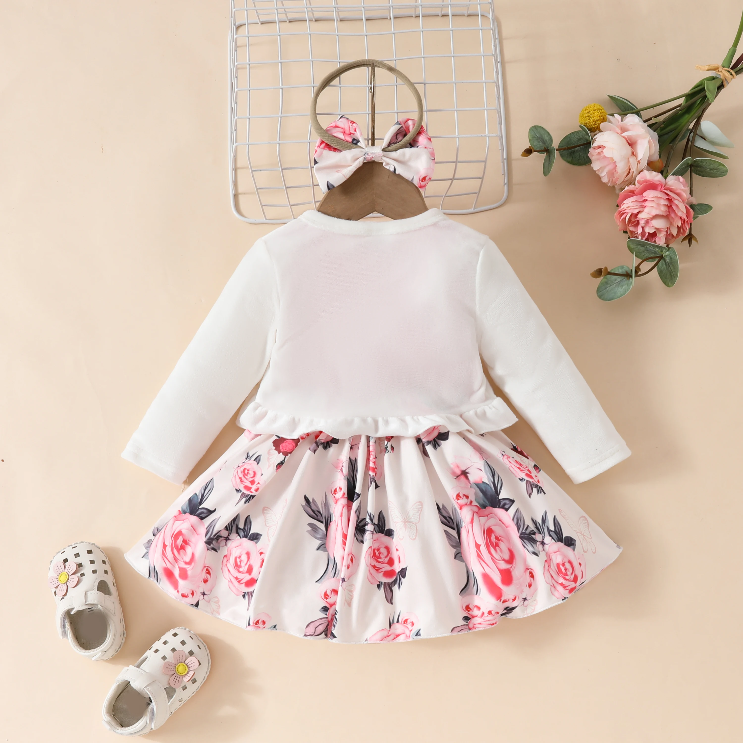 2024 Girls Spring and Autumn new 2Pcs sweet flower dress + cardigan small coat, suitable for children and girls from 0-3Y