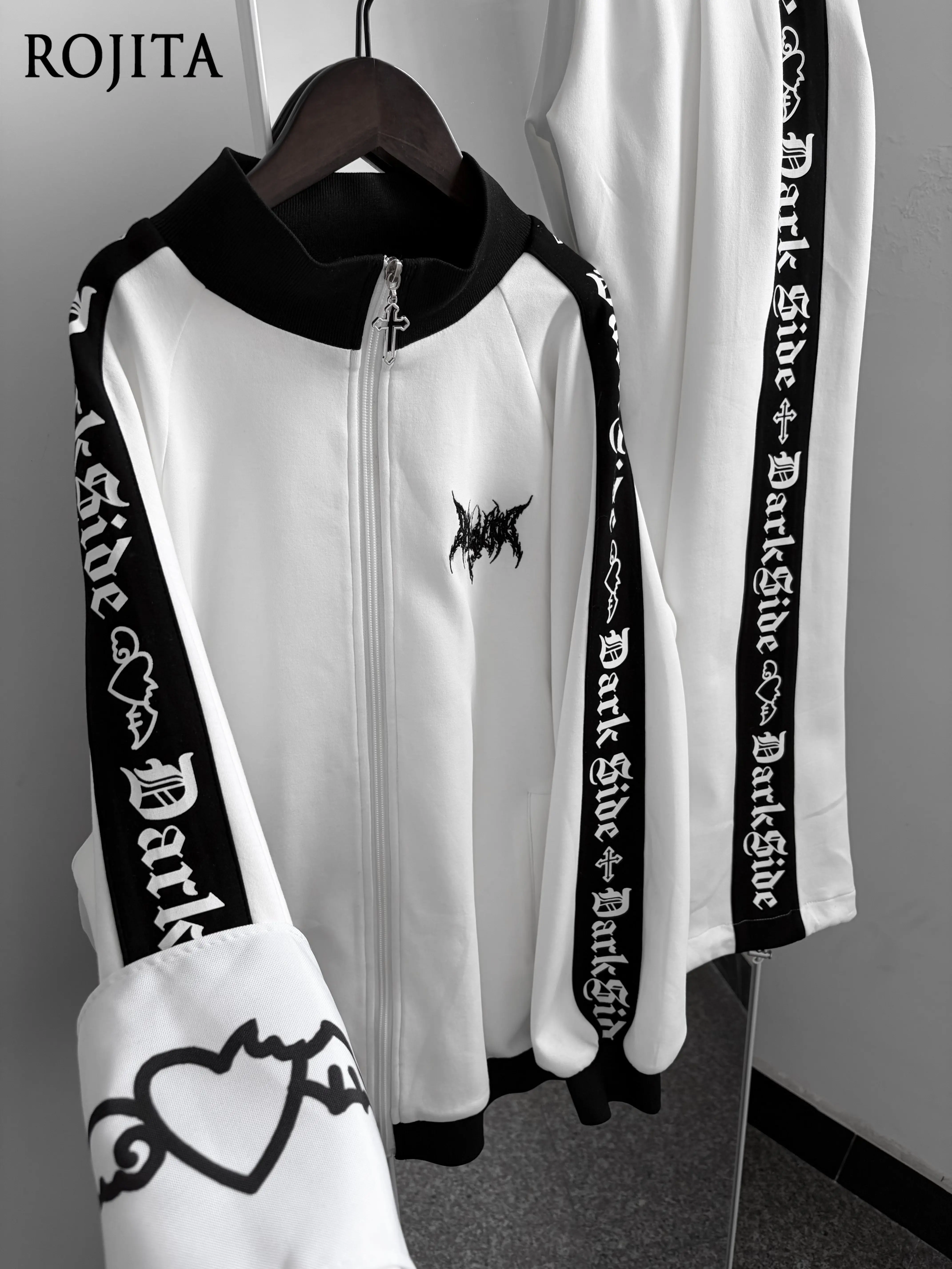 Gothic Harajuku Two‑Piece Tracksuit Women Zip‑Up Jacket with Gothic Graphic Print Contrast Sleeve Straight Leg Sweatpants