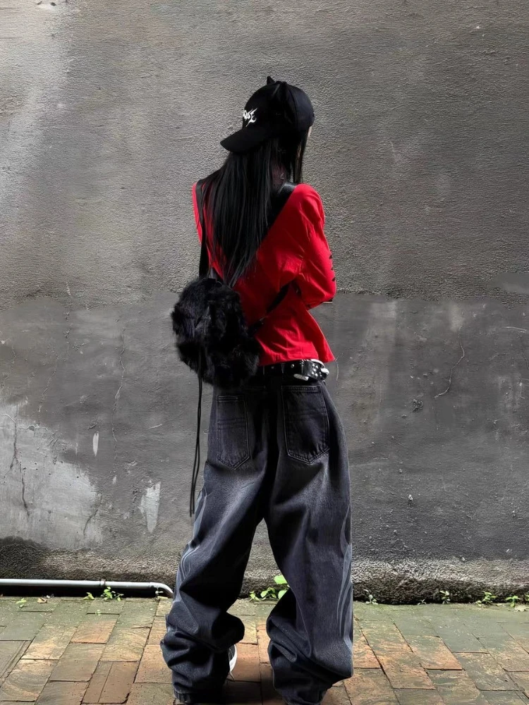 Y2k القوطية الأمريكية خمر كم طويل تي شيرت المرأة عادية الشارع الشهير طباعة القمم س الرقبة Harajuku ريترو سليم 2025 الخريف