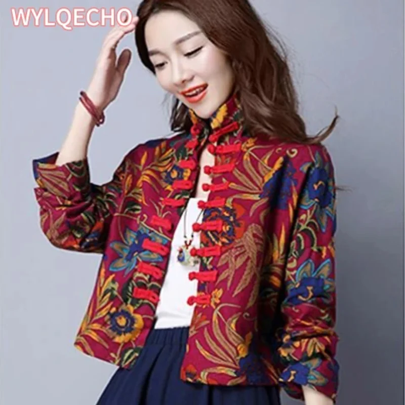 

Retro Coat National Republic of China Style Tang Style Women's Long Sleeve Jacket Chinese Style Button Down Autumn Cotton Hemp
