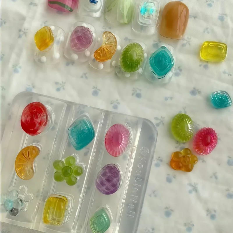 Molde de silicona para decoración de uñas artísticas, diseño 3D de caramelo duro, caramelo blando, oso, plátano, uva, fruta, helado