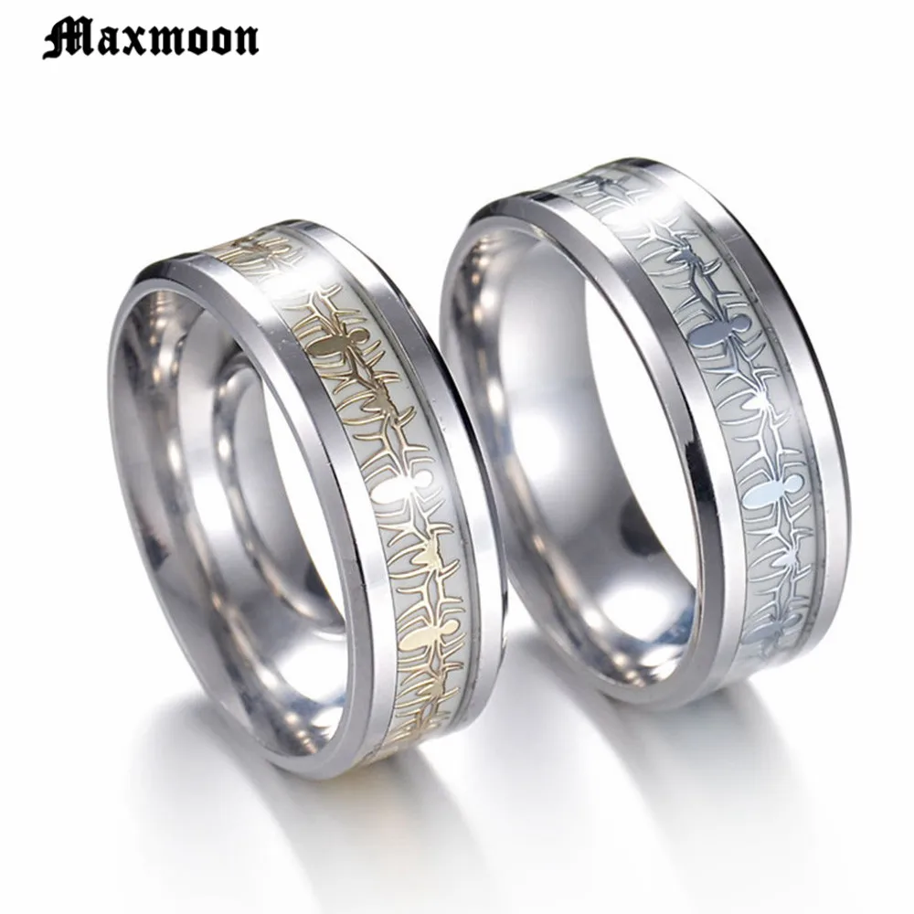 Maxmoon Stainless Steel Glow in the Dark Ring Spider  Luminous Ring for Men Personalized Glow Wedding Band Ring Male