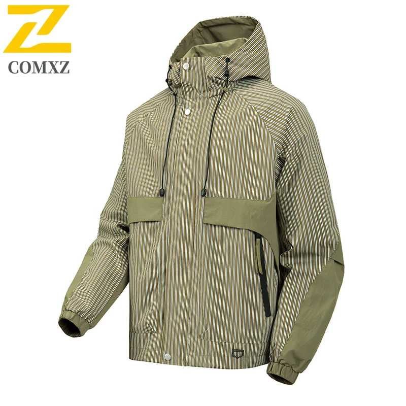2025 High-end Brand Jacket Mens Autumn Club Waterproof Striped Hooded Work Windbreaker Outdoor Travel Sports Windproof Outerwear